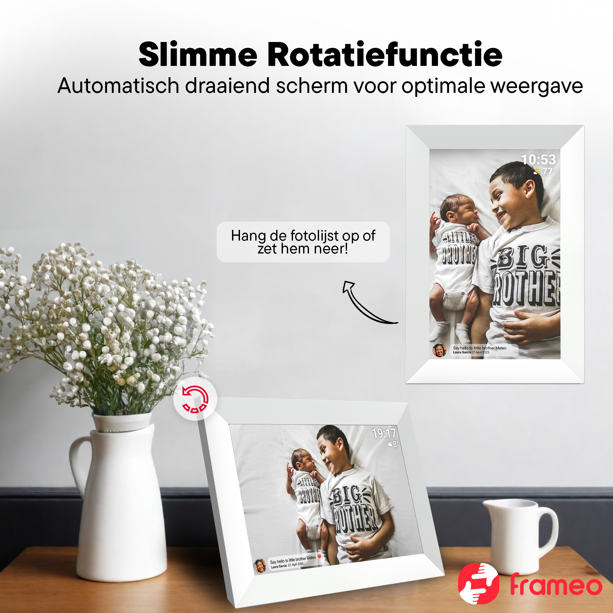 Two digital photo frames show brothers. One displays a baby and an older boy.