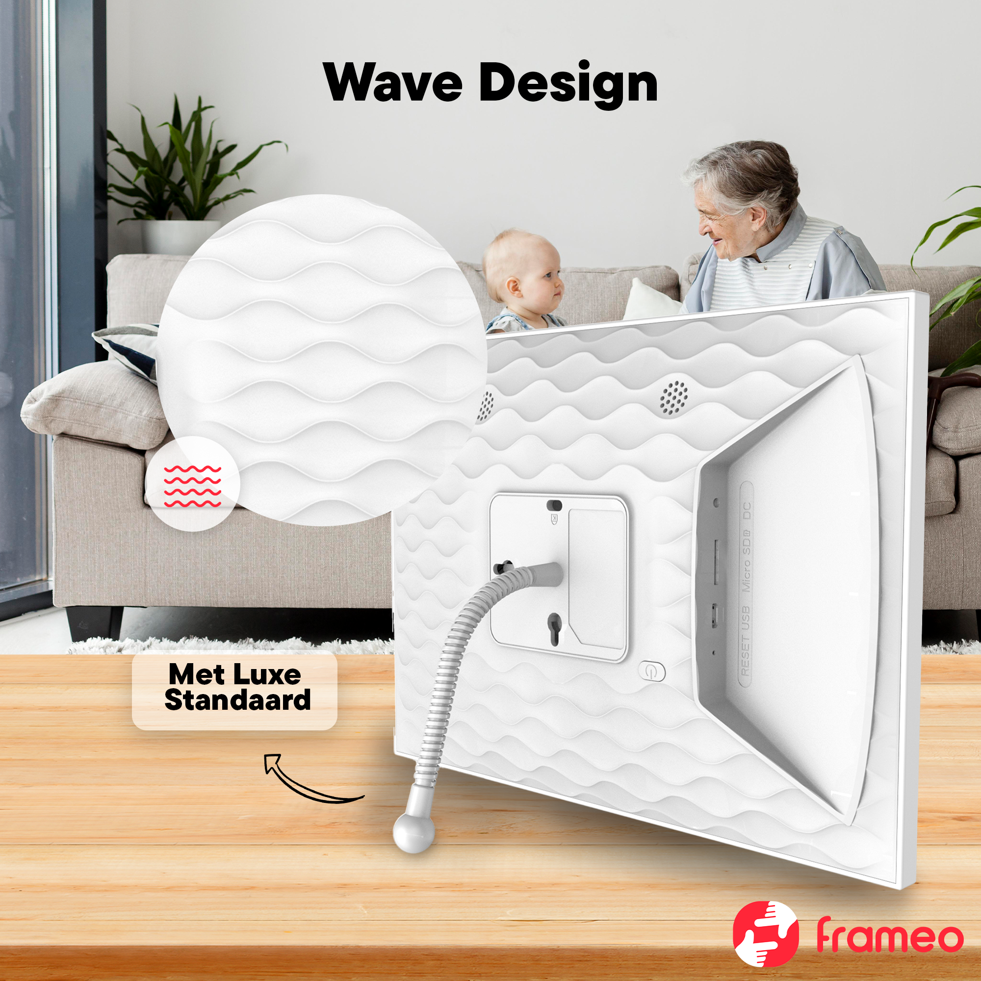 A white digital photo frame with a wave design is displayed on a wooden table.