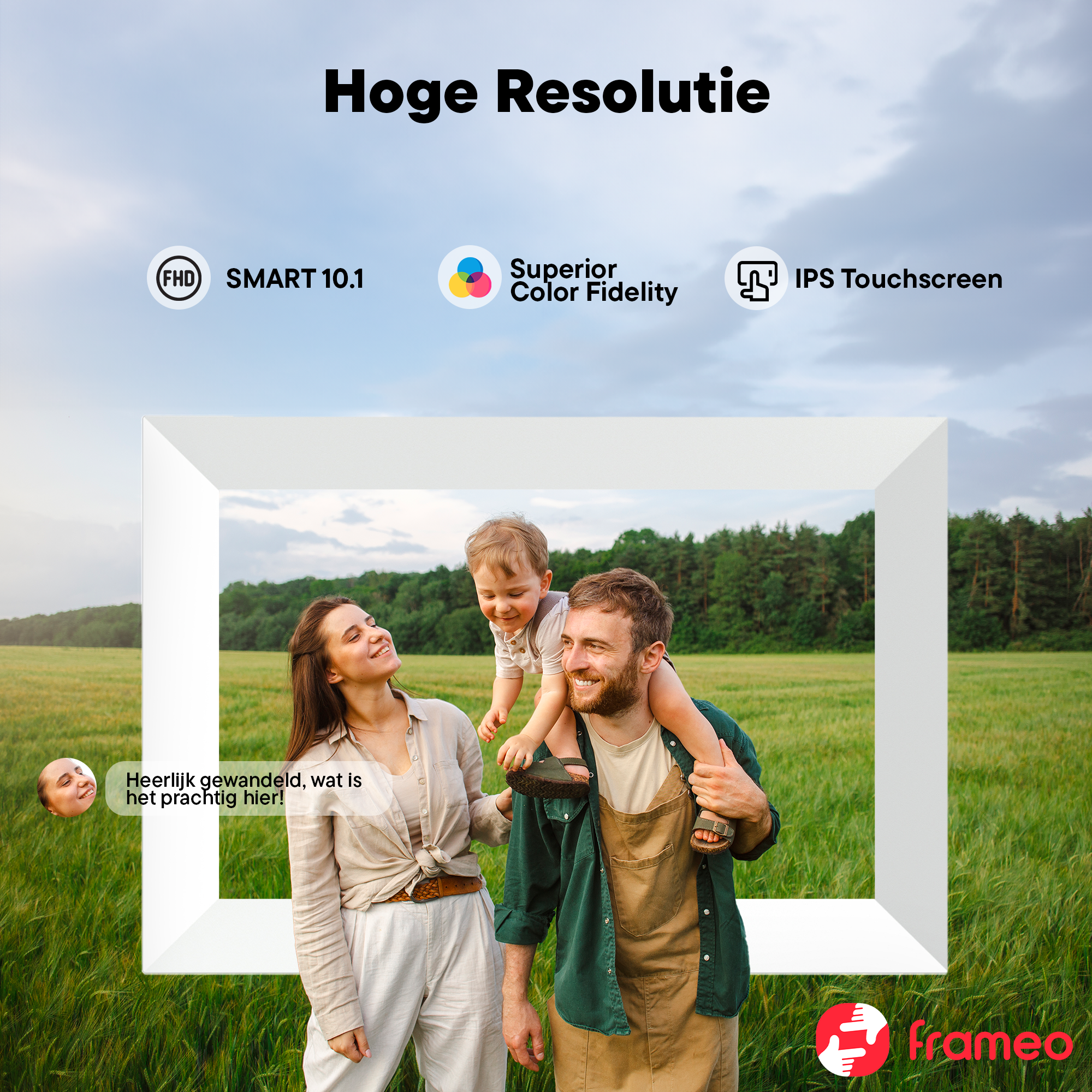 A family with a child enjoying a landscape under a blue sky.