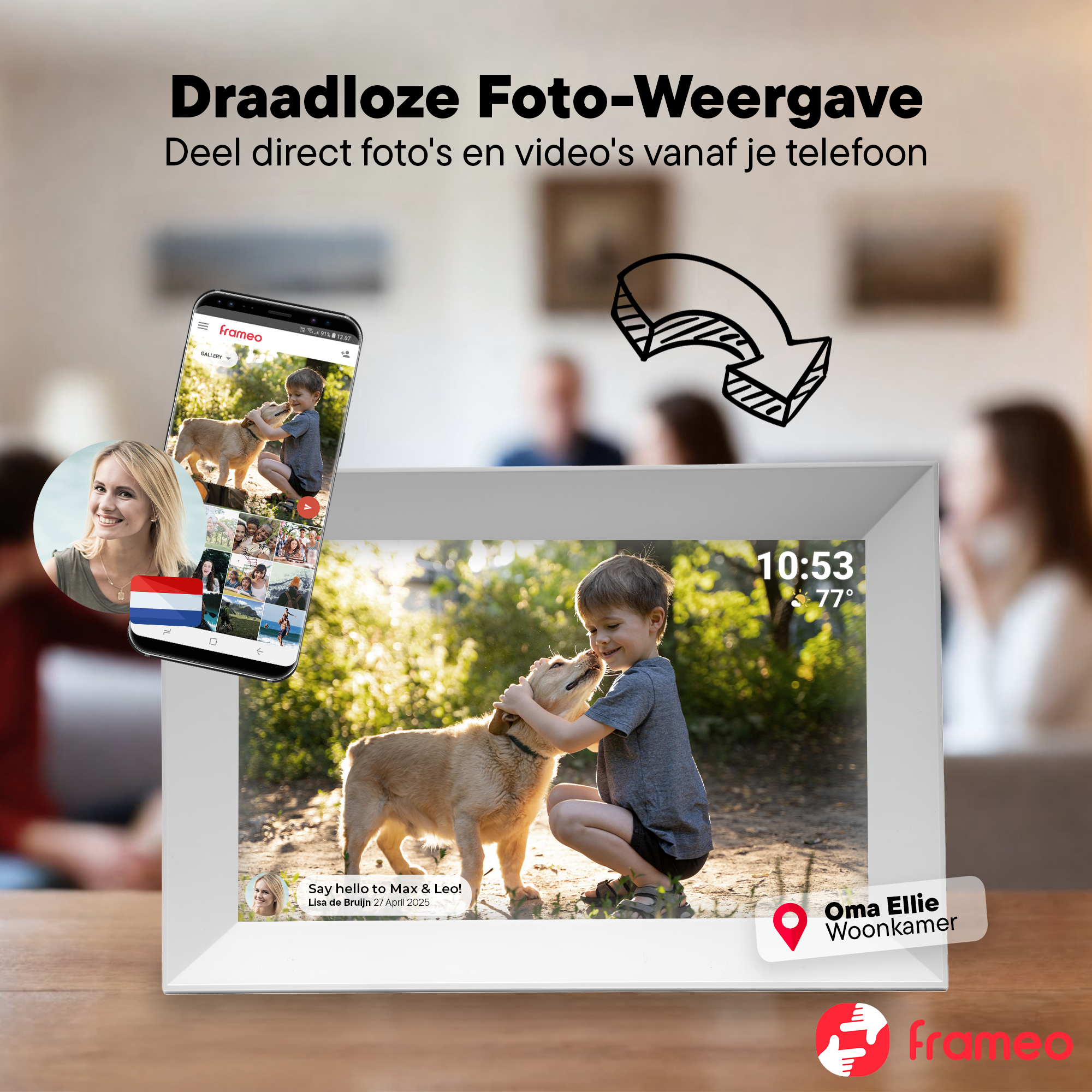 A digital photo frame displays a boy and dog. A phone shows various photos, a woman's profile, and the Dutch flag.
