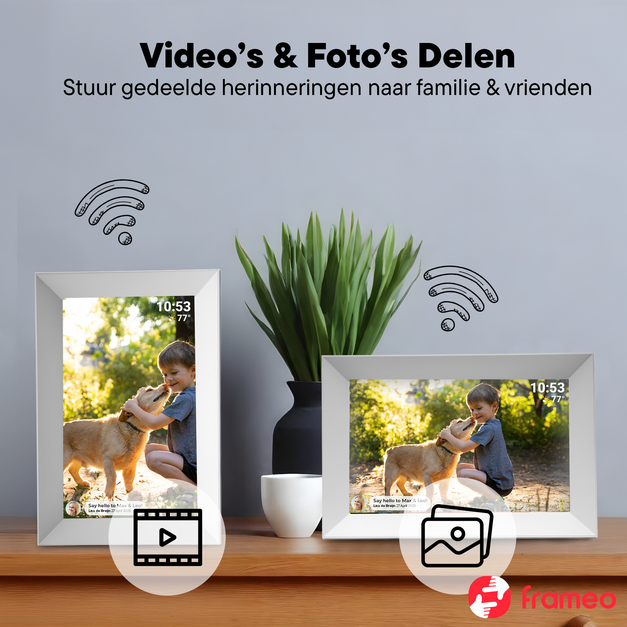 Two digital photo frames showing a boy and dog. Text: Share Videos & Photos.