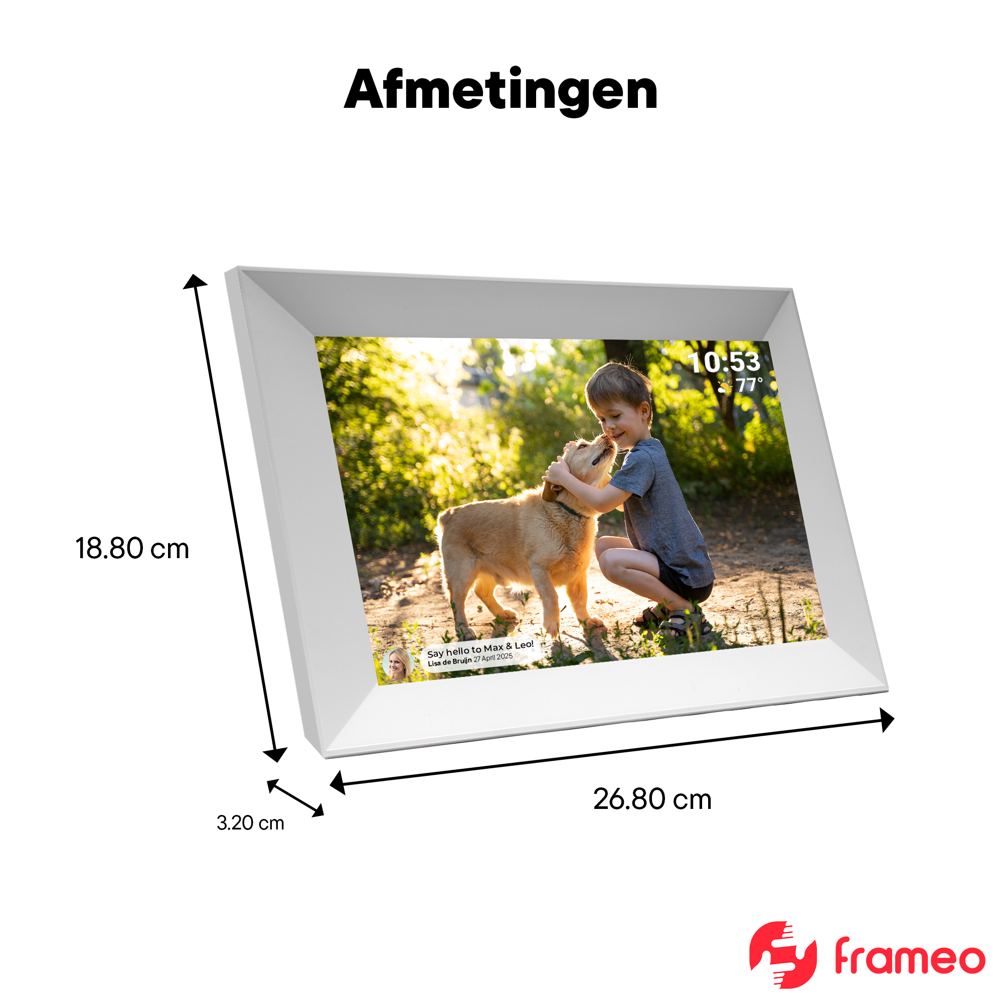 White digital frame shows boy petting dog. Dimensions: 18.80cm, 26.80cm, 3.20cm.