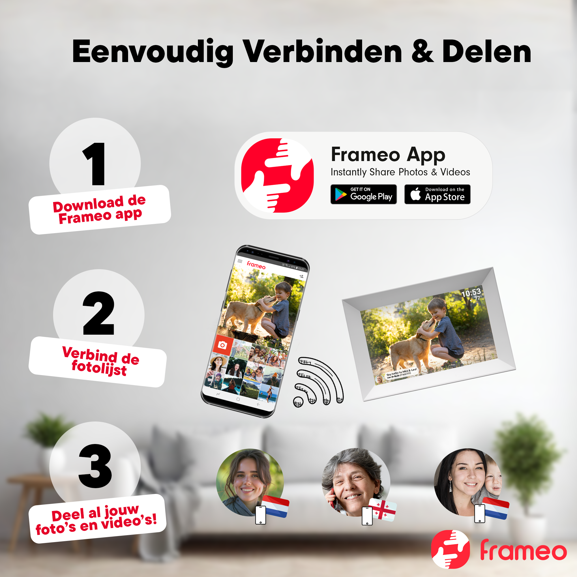 3-step guide: Download app, connect frame, share photos. Includes app store logos.
