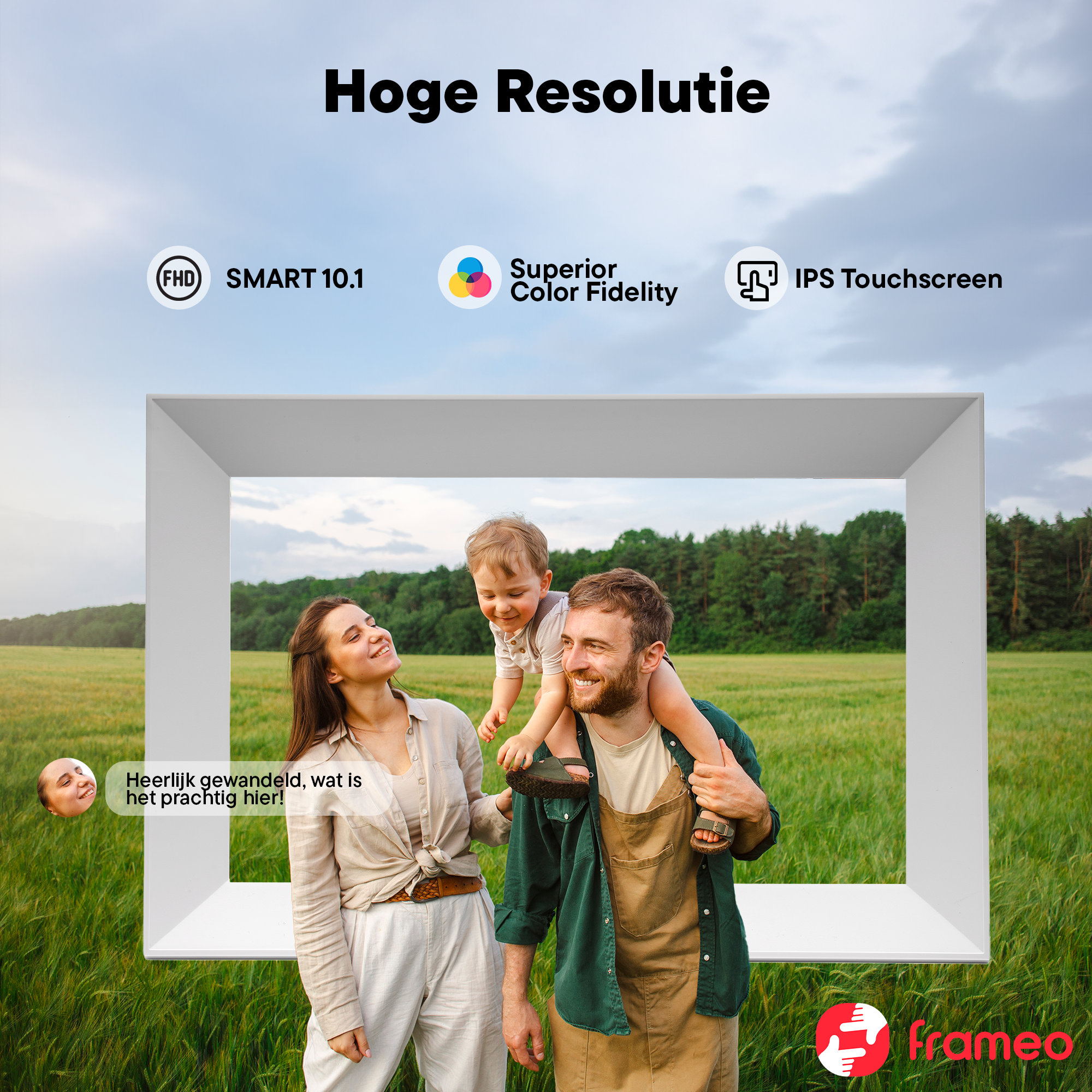 Family in green field, white frame, "Hoge Resolutie" text, icons.