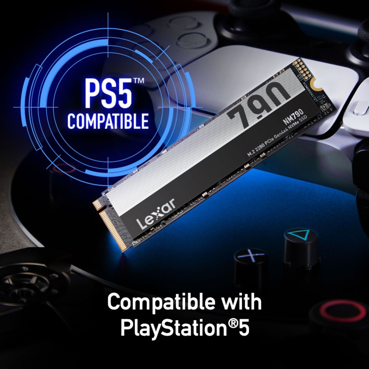 Lexar NM790 SSD for PS5, shown on a black controller with blue accents.