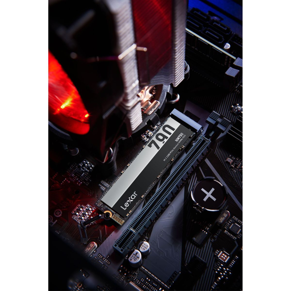 Lexar NM790 M.2 SSD on a motherboard with a CPU cooler and red LED.