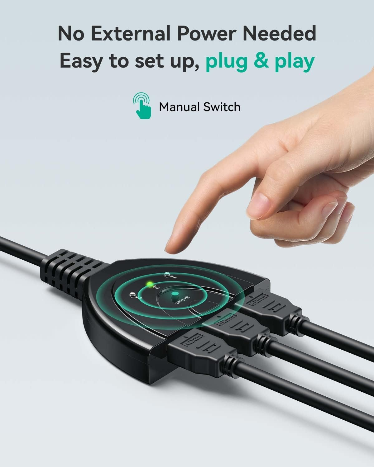 Ein Finger berührt einen manuellen Schalter an einem schwarzen HDMI-Umschalter mit drei Eingängen.