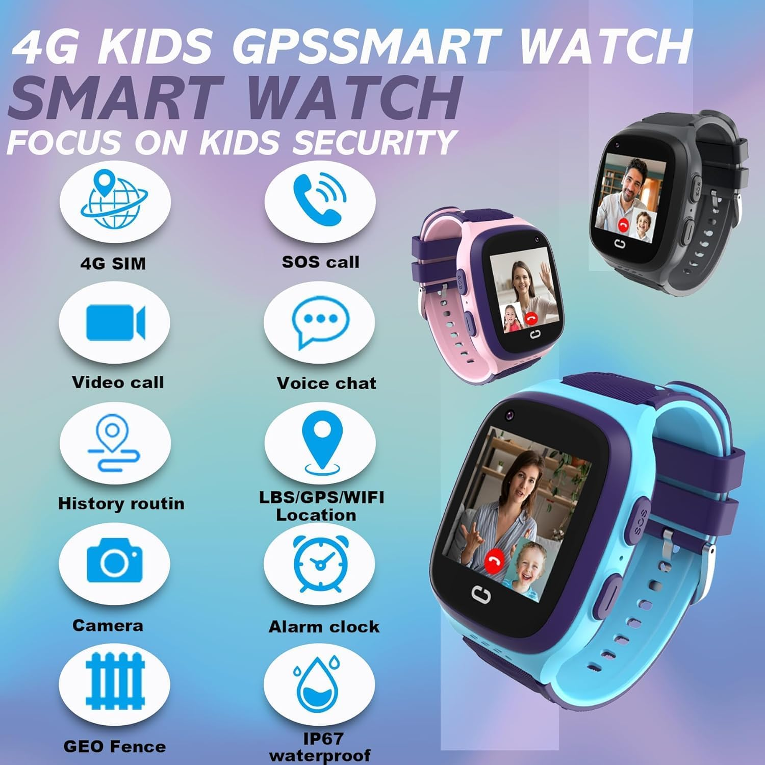 Vier 4G-Smartwatches für Kinder mit Funktionen wie Videoanruf, Standort, Kamera und mehr.