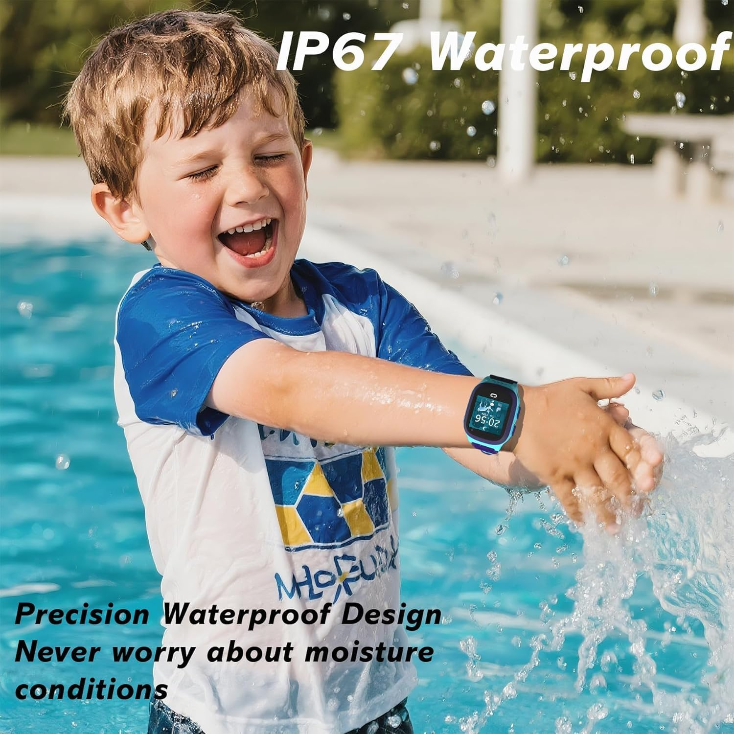 Ein Junge trägt eine Uhr und spielt im Wasser. IP67 wasserdicht.