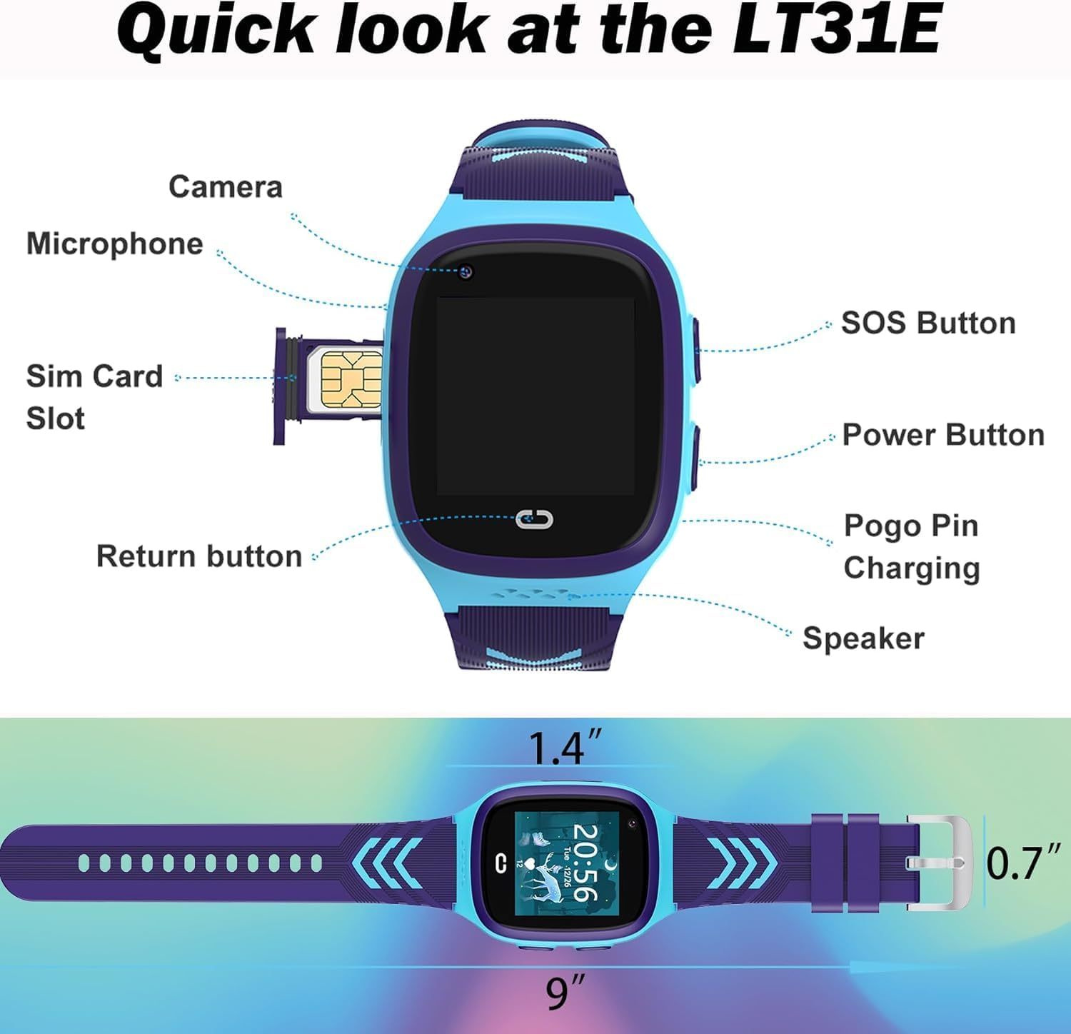 Blaues Kinder-Smartwatch mit Sims-Slot, Kamera, Mikrofon, SOS-Taste.
