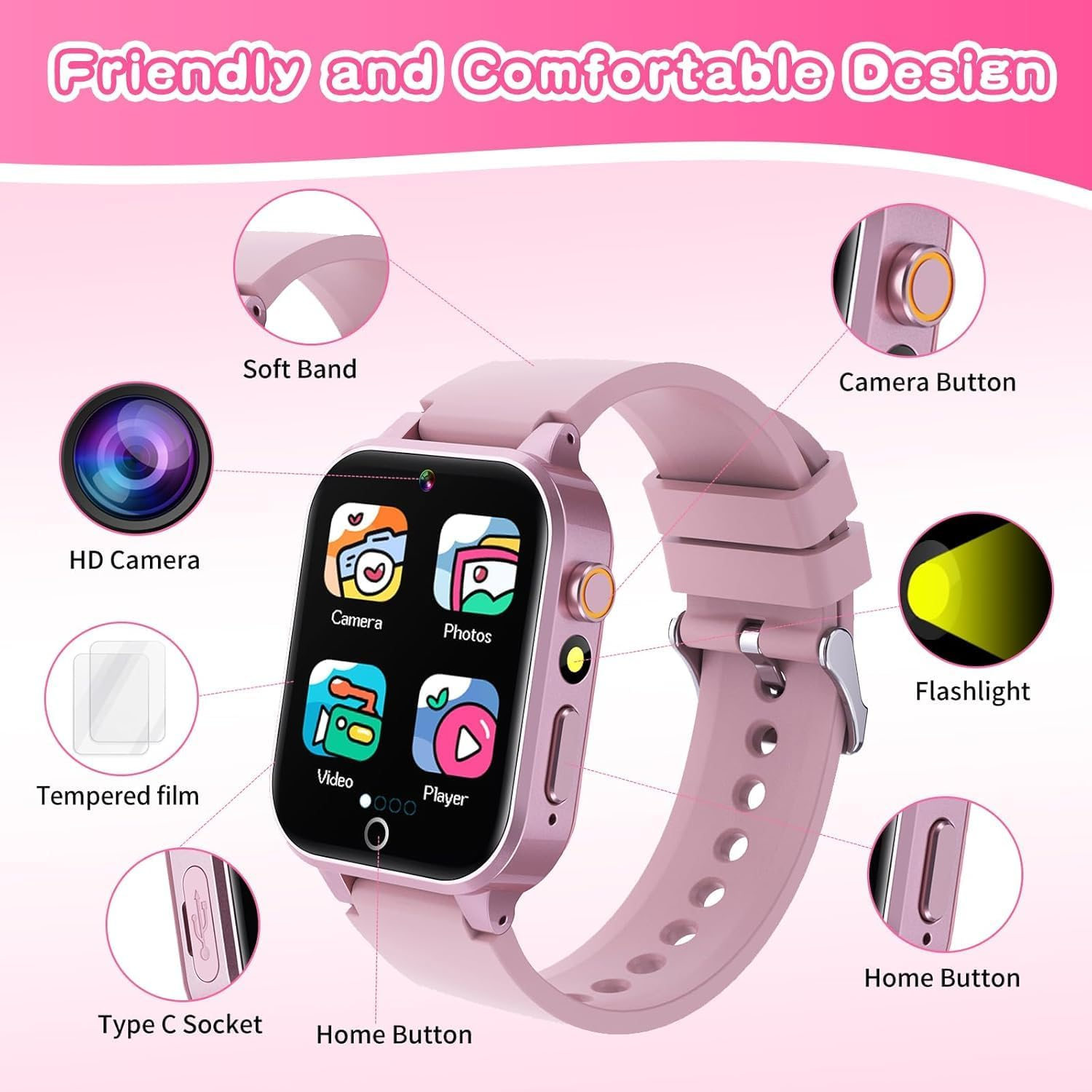 Rosa Smartwatch mit HD-Kamera, Taschenlampe und App-Symbolen auf dem Bildschirm.
