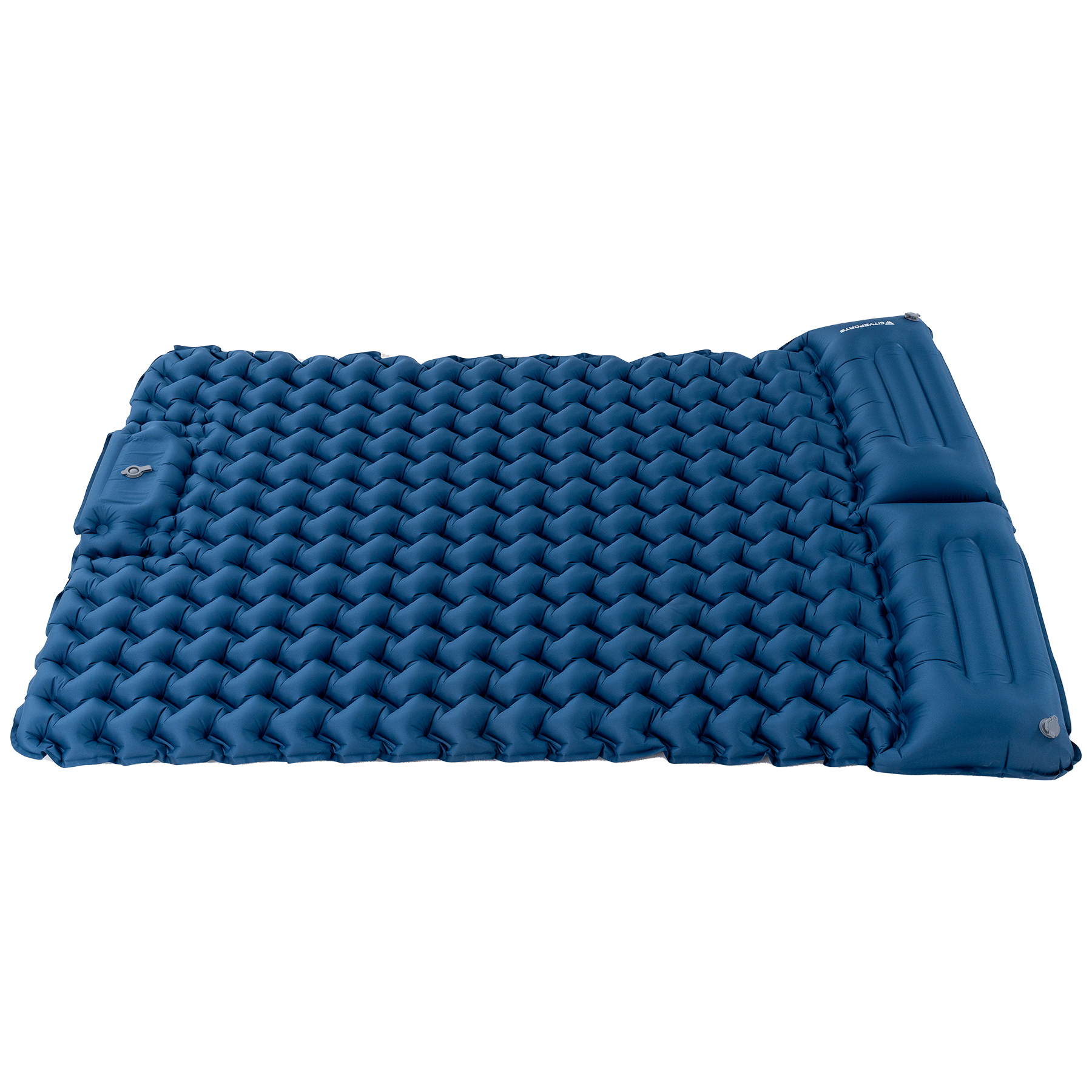 Colchoneta inflable azul con patrón de panal, sobre fondo blanco.