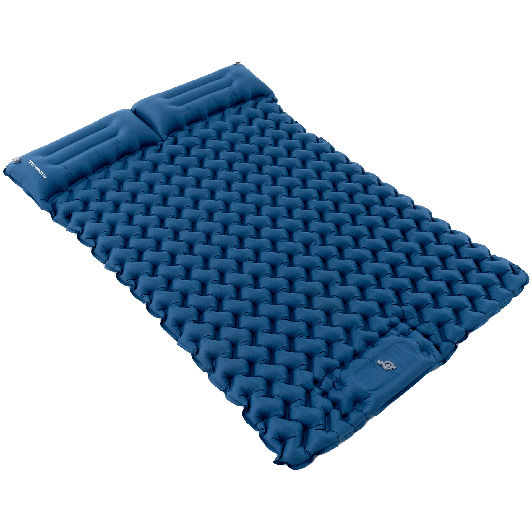 Una colchoneta inflable azul con patrón de panal y almohada integrada.