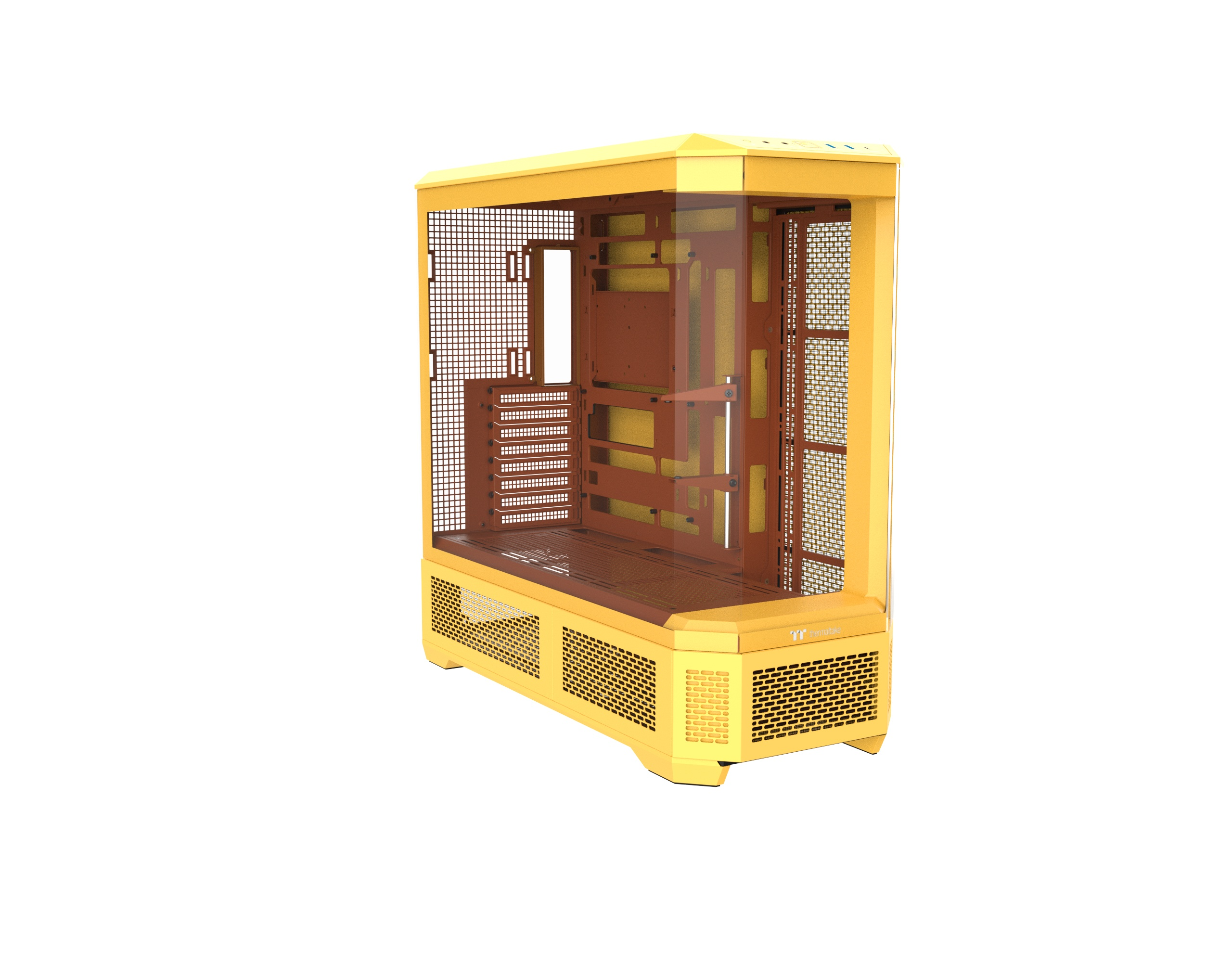 Ein gelbes Computergehäuse mit Glasfront und Lüftungsschlitzen.
