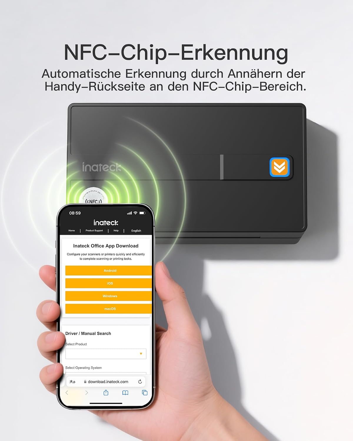 Telefon zeigt Inateck App-Downloadseite, nahe einem schwarzen NFC-Gerät.