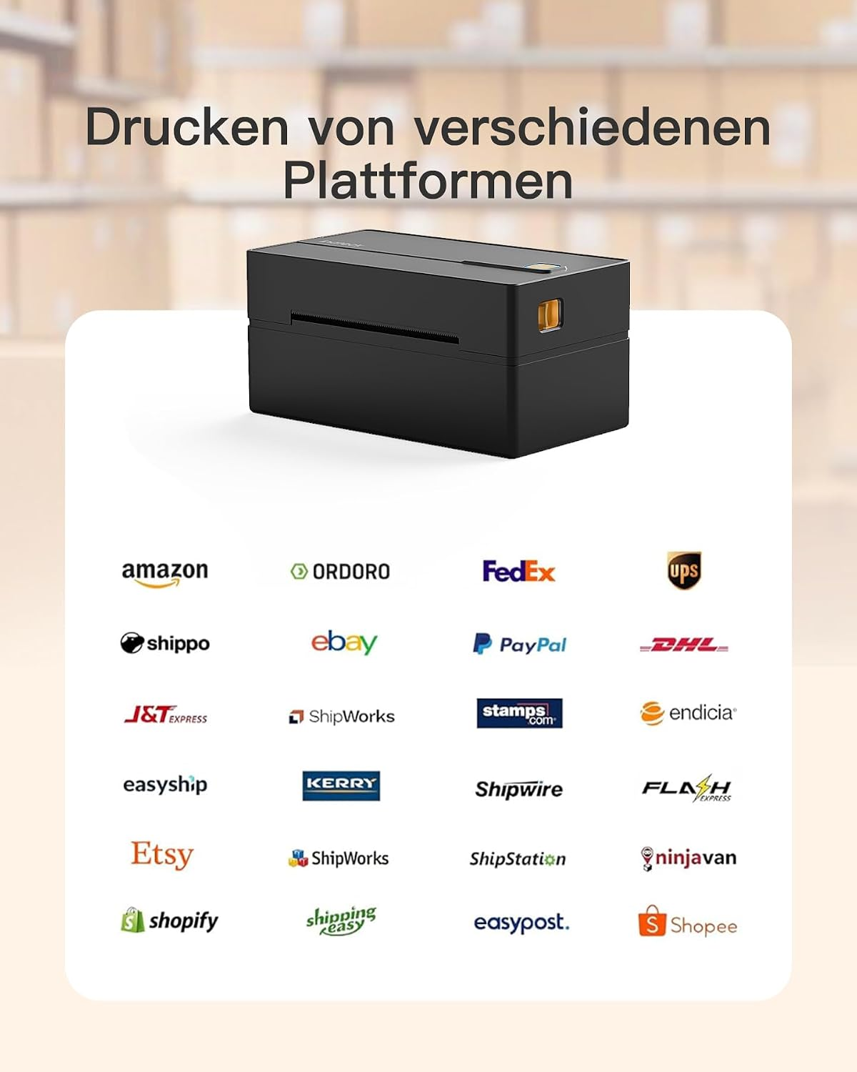 Ein schwarzer Etikettendrucker mit verschiedenen Versandlogos darunter.