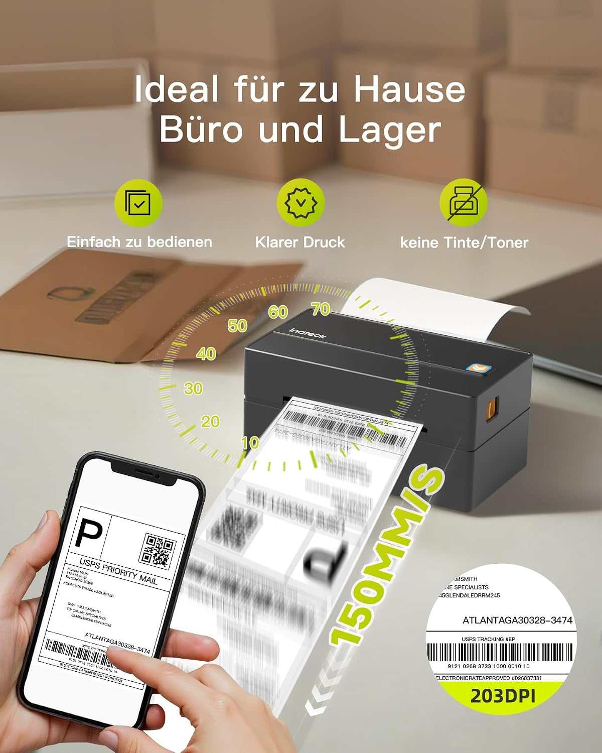 Ein Drucker druckt ein Versandetikett, daneben ein Smartphone mit Etikett.