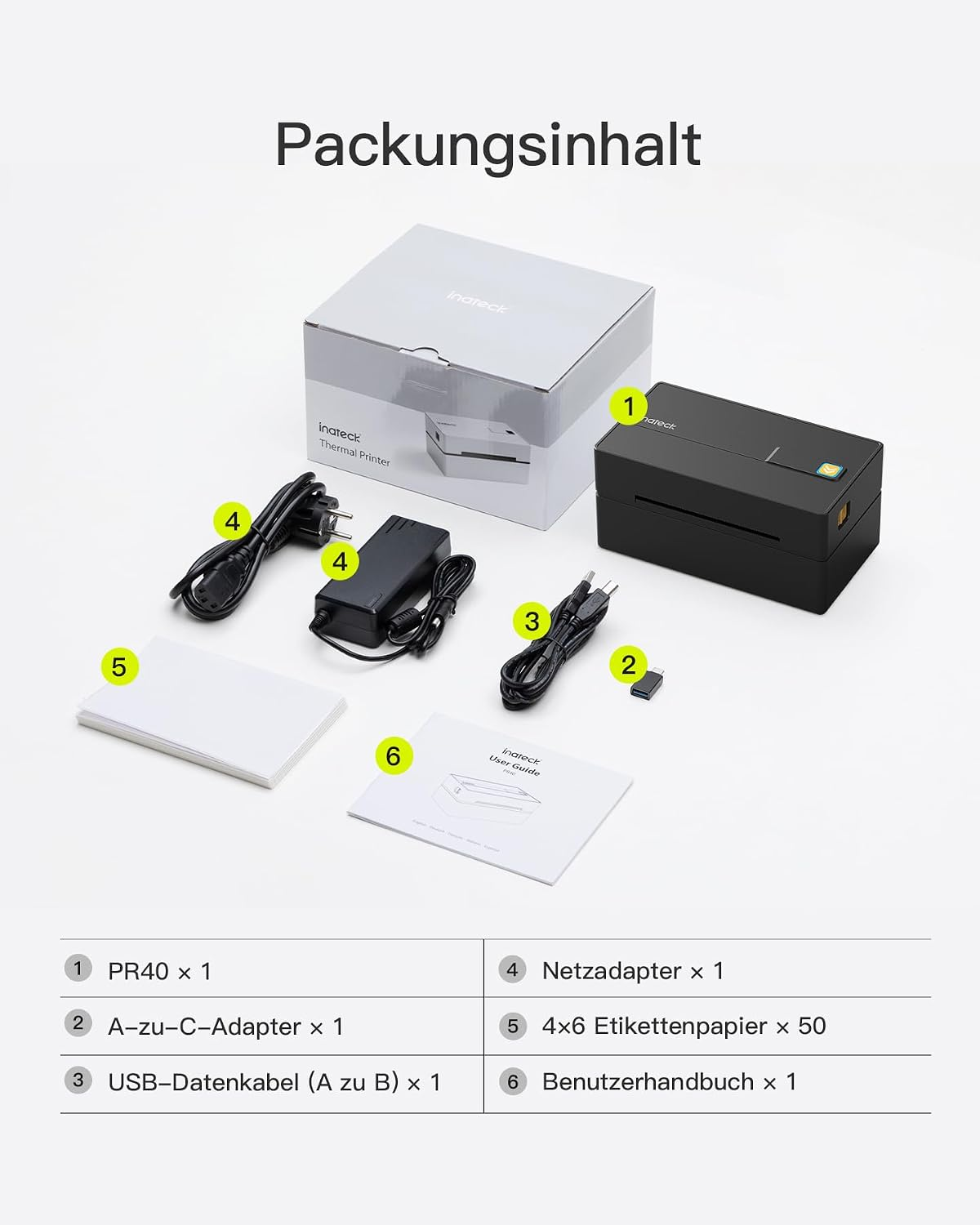 Packungsinhalt: Drucker, Netzteil, Kabel, USB-Adapter, Etikettenpapier und Handbuch.