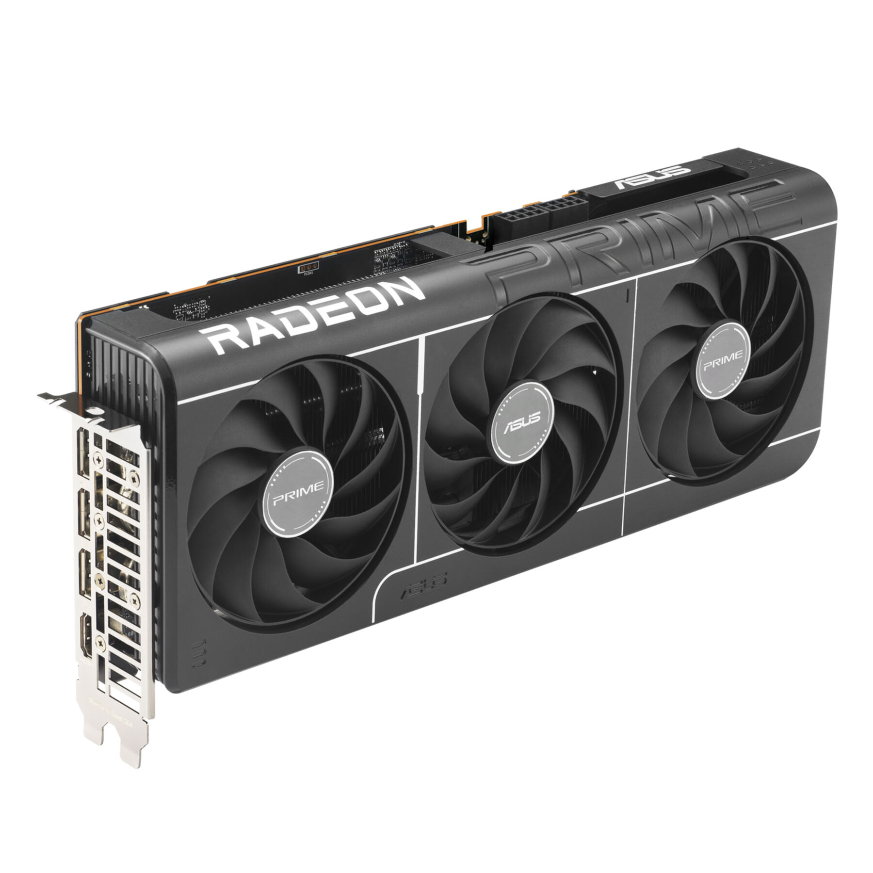 Schwarze Grafikkarte mit drei Lüftern und Radeon-Aufschrift.