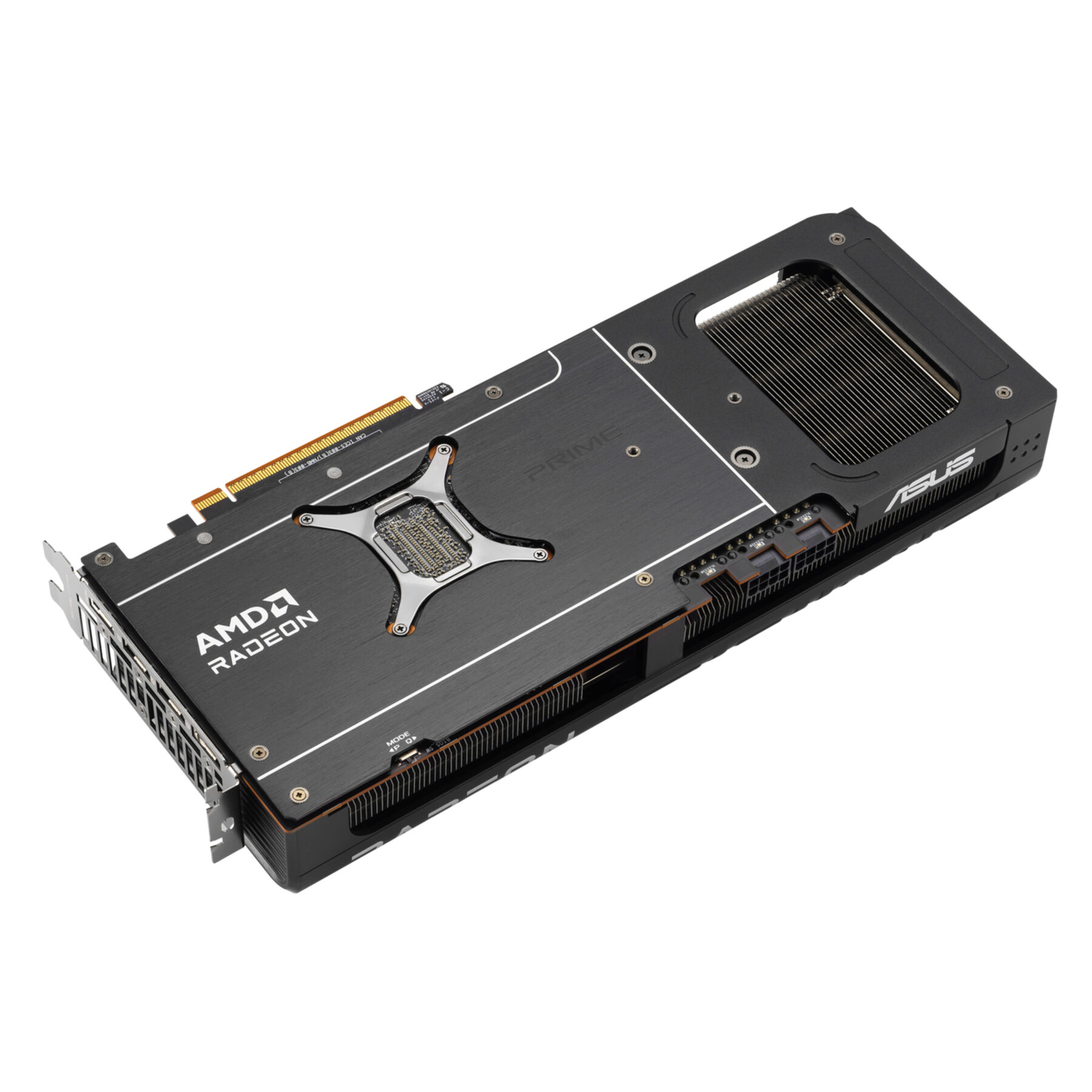 Schwarze AMD Radeon Grafikkarte mit ASUS-Logo und Kühlkörpern.