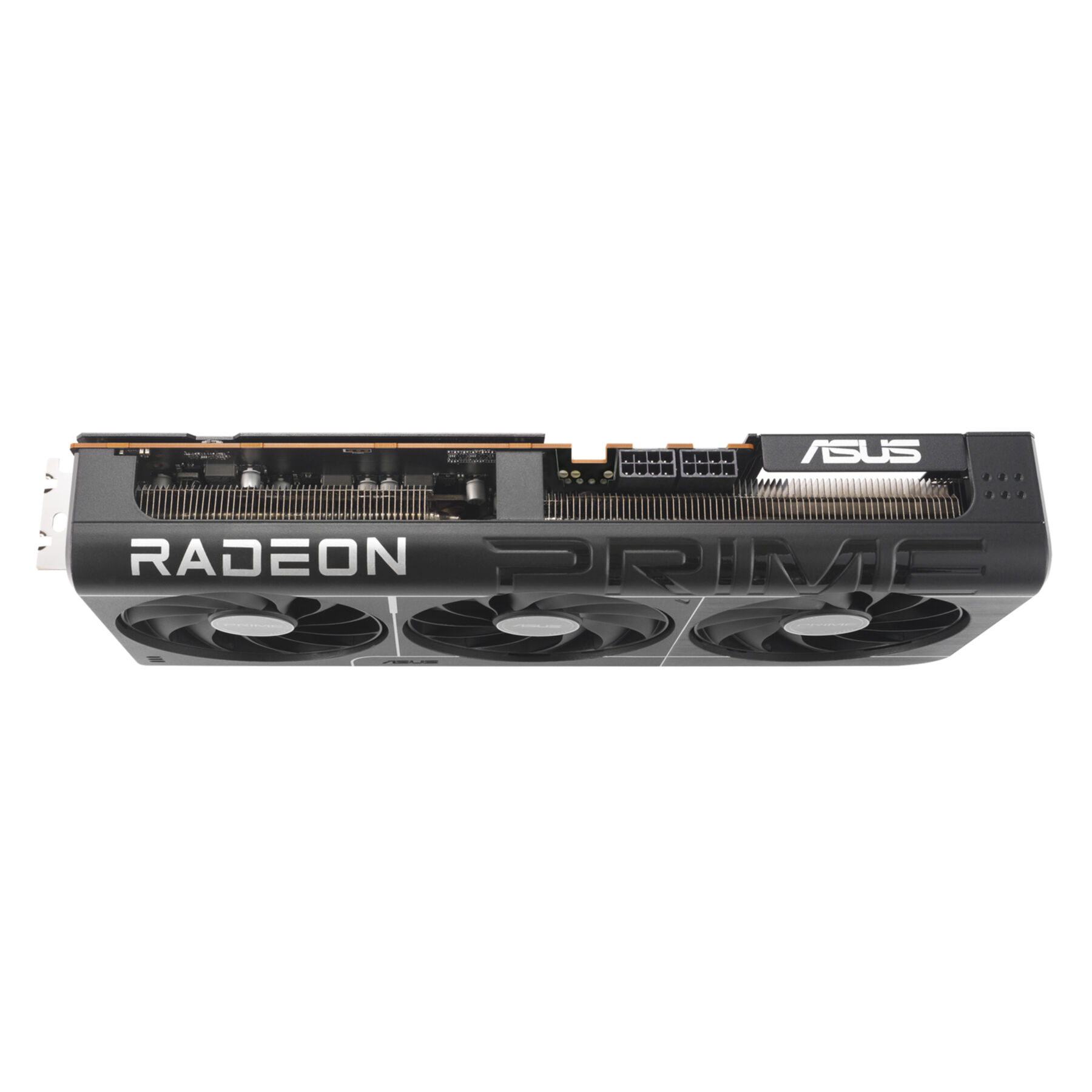 Schwarze Grafikkarte mit drei Lüftern, Radeon und Asus-Logo.
