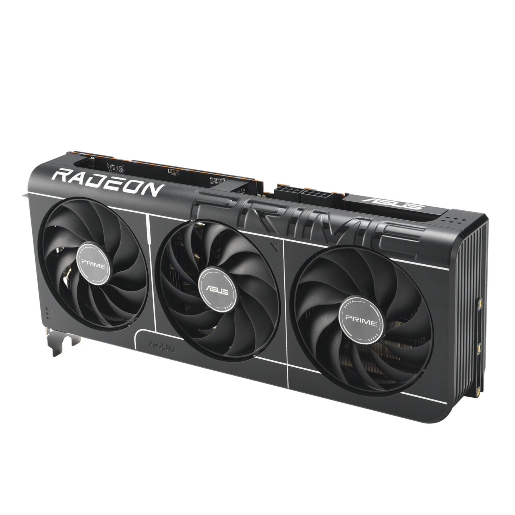 Schwarze Grafikkarte mit drei Lüftern und Radeon- und Asus-Logos.