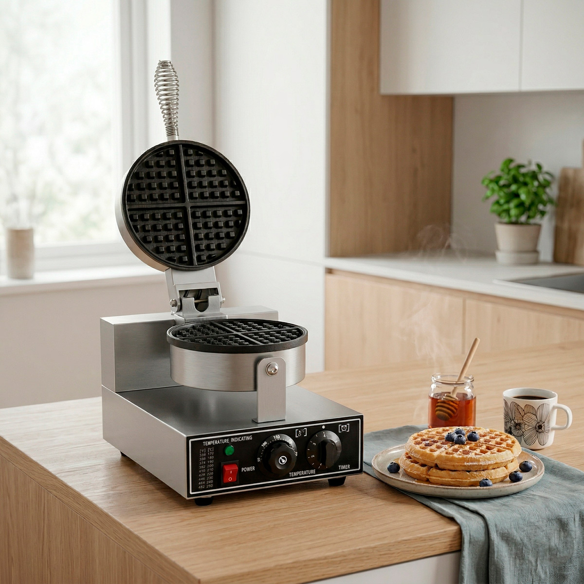 Ein runder Waffelautomat steht auf einem Holztresen, daneben Waffeln, Honig und Kaffee.