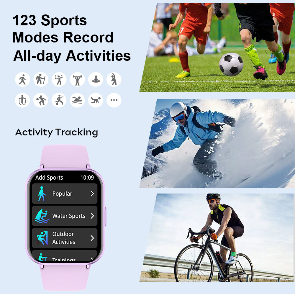 Smartwatch zeigt Aktivitätstracking: Fußball, Skifahren, Radfahren und Symbole.