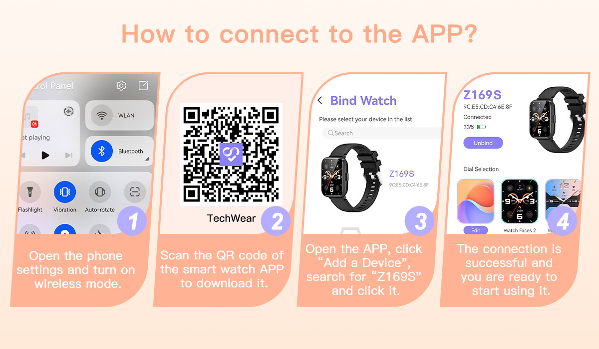 Anleitung zur App-Verbindung: Handy-Einstellungen, QR-Code, App-Suche, Uhr verbunden.