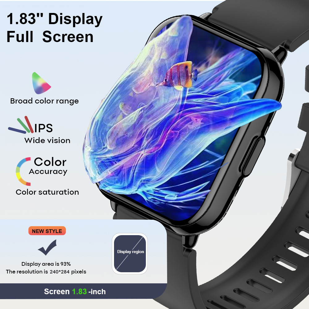 Eine Smartwatch mit 1,83-Zoll-Full-Screen, die farbenfrohe abstrakte Kunst und Fische anzeigt. Merkmale: IPS-Display, breiter Farbbereich, 93 % Displayfläche.
