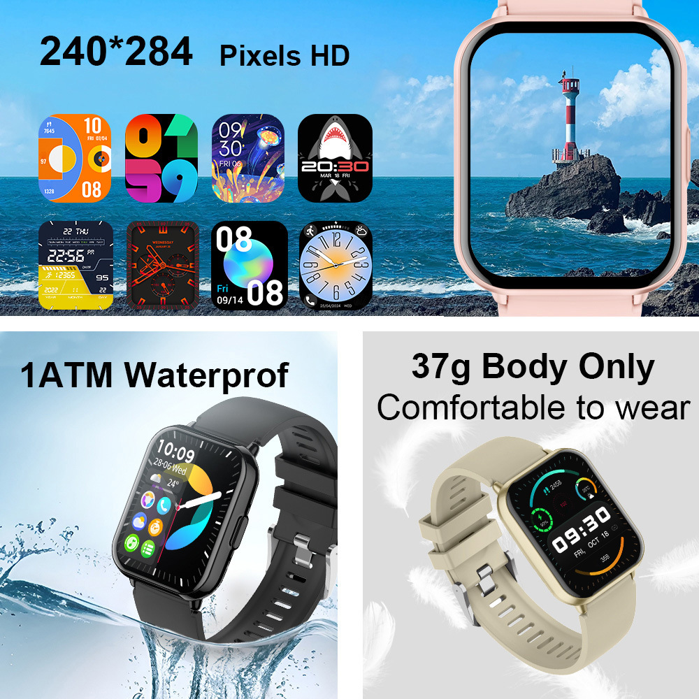 Collage zeigt Smartwatch-Zifferblätter, eine Leuchtturm-Szene und Uhren.