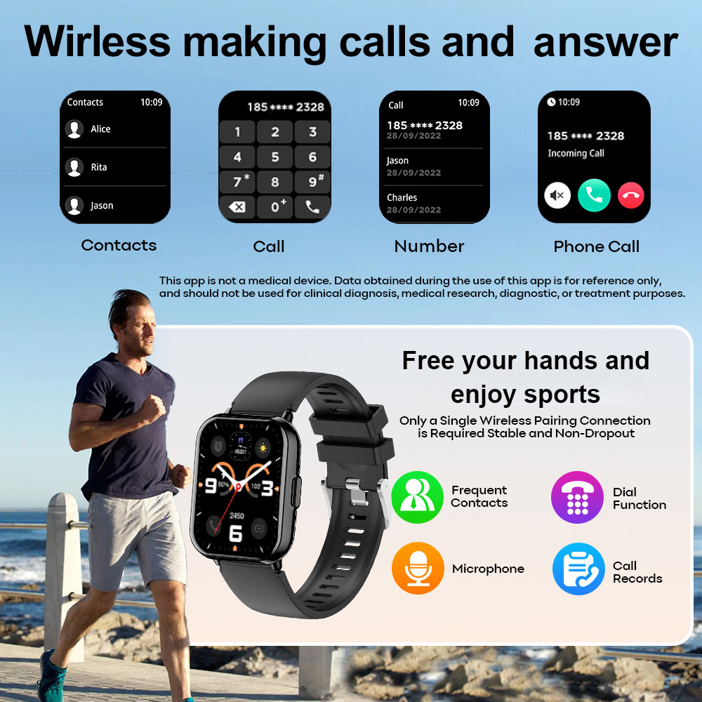 Mann joggt am Meer, Smartwatch zeigt Anrufe und Sportfunktionen.