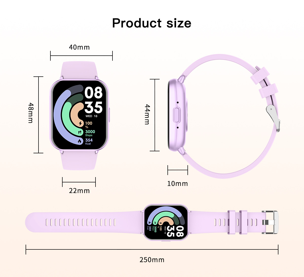 Lila Smartwatch mit Größenangaben: 48x40mm, 44x10mm, 22mm Bandbreite, 250mm Länge.