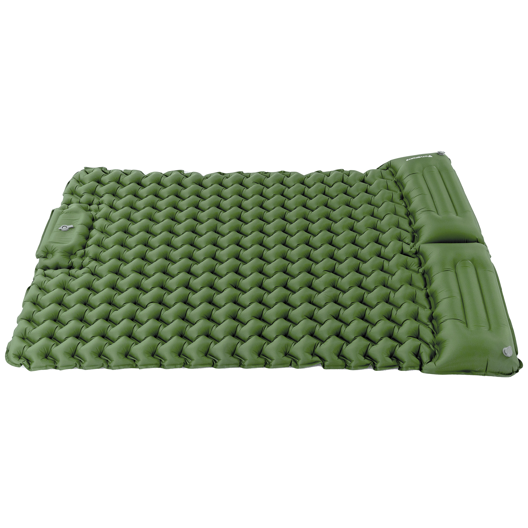 Una colchoneta verde inflable con patrón de gofre y almohada incorporada.