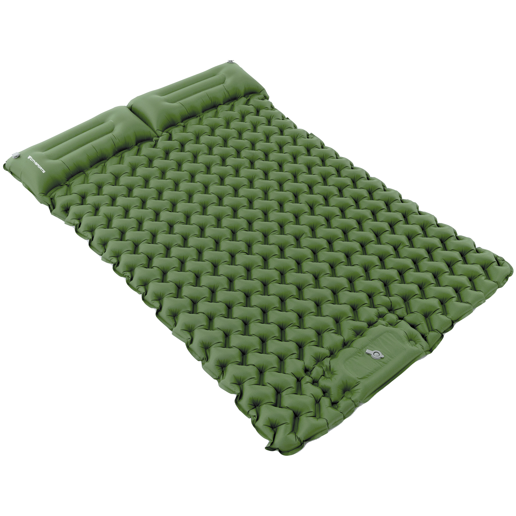 Colchoneta inflable verde con estructura de panal y almohada integrada.