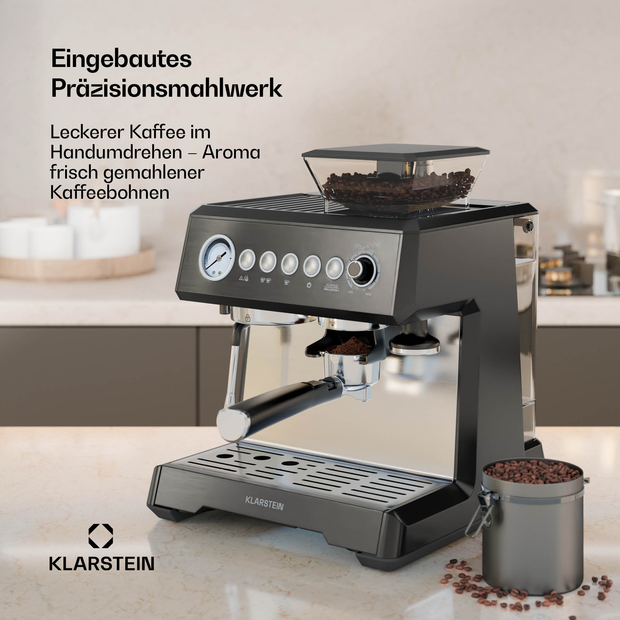 Kaffeemaschine mit integriertem Mahlwerk, Kaffeebohnenbehälter und Siebträger.