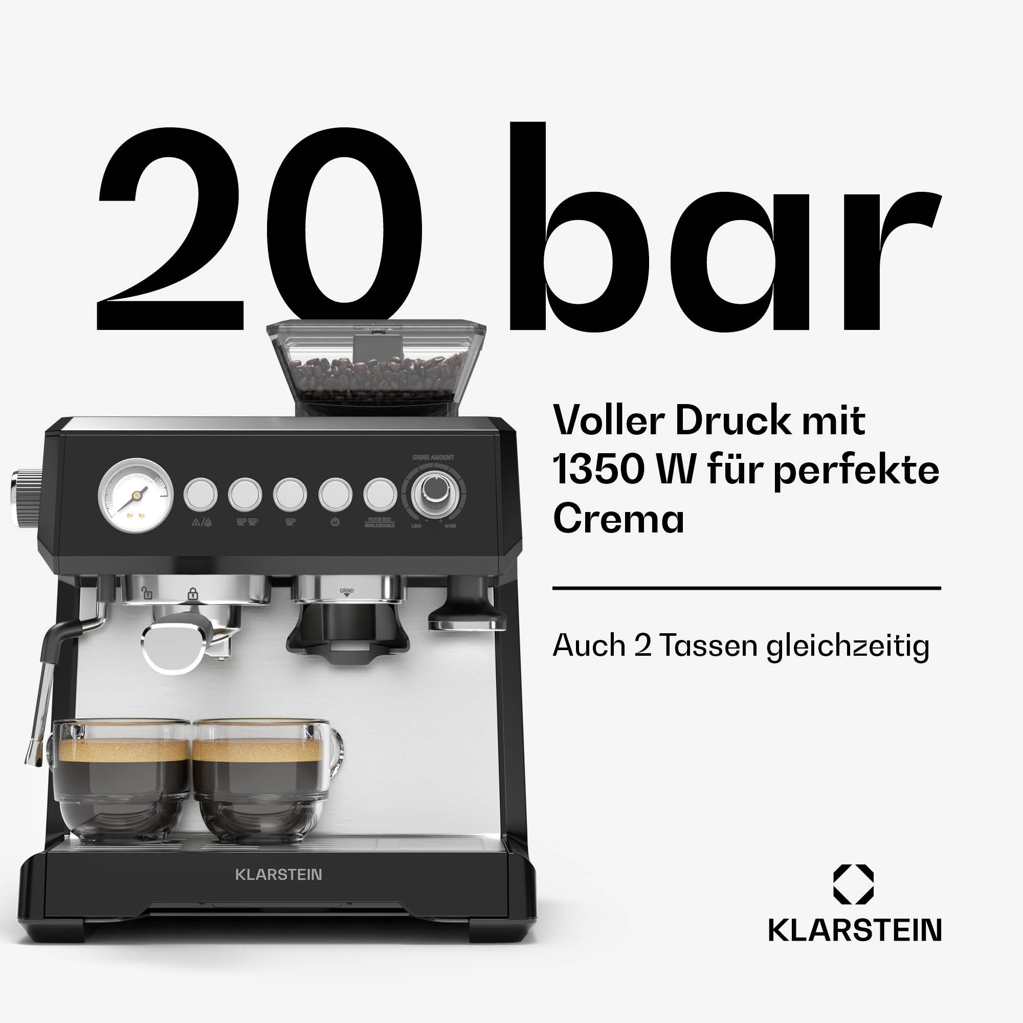 Kaffeemaschine mit 20 bar Druck, 1350 W, zwei Tassen gleichzeitig.