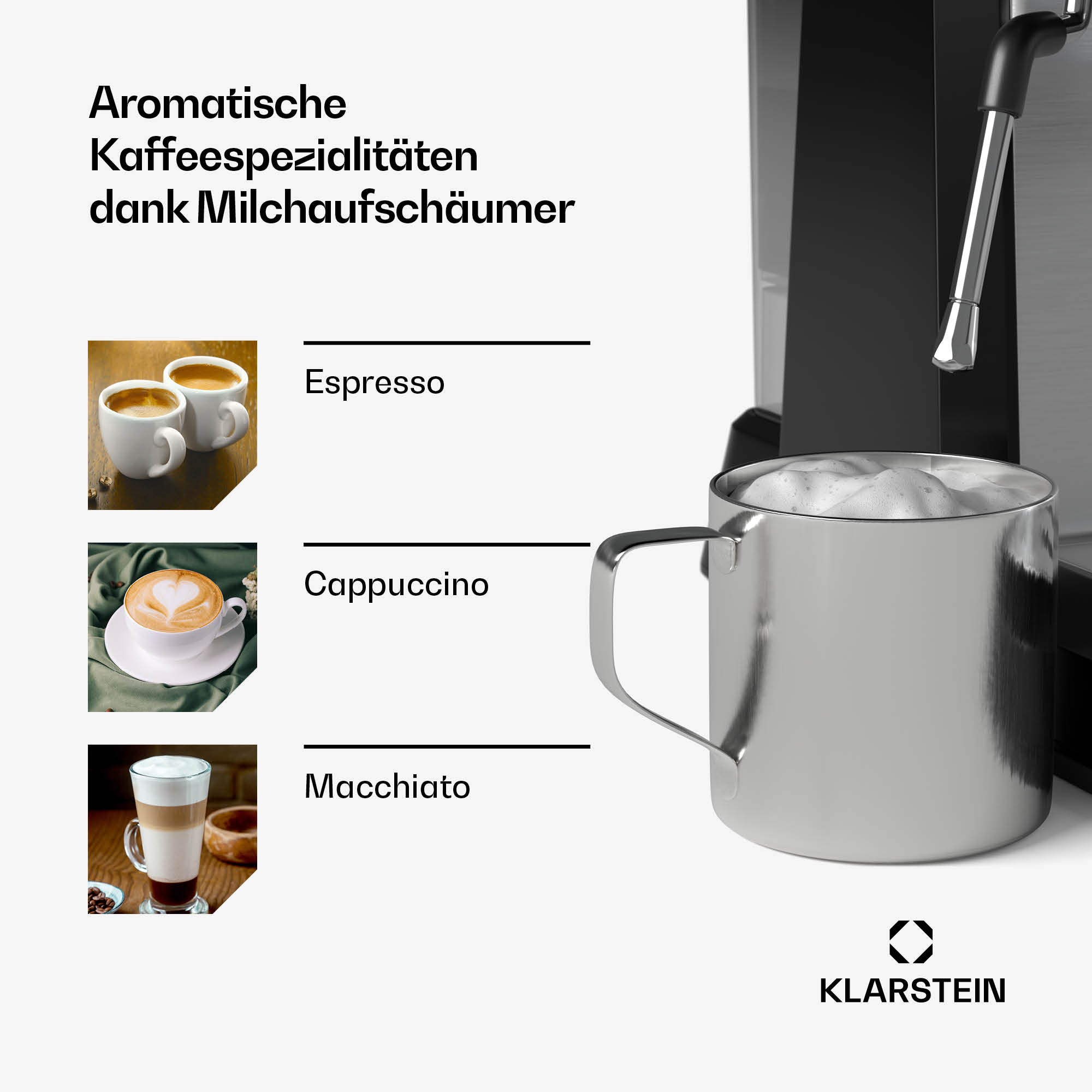Kaffeemaschine mit Milchkännchen und drei Kaffeesorten.