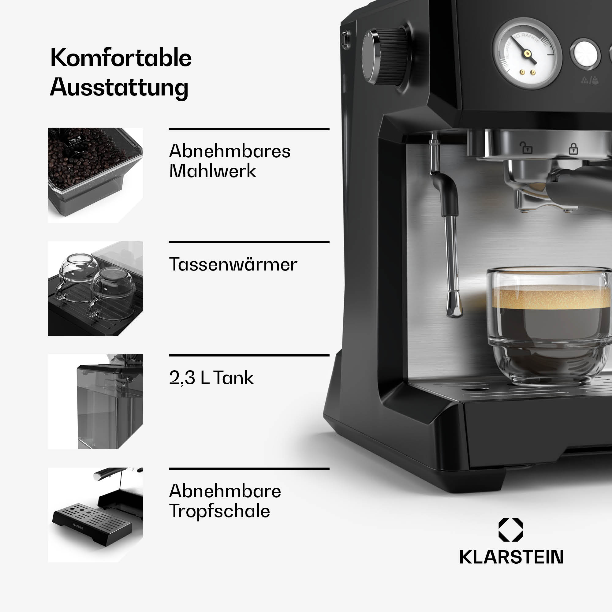 Eine Kaffeemaschine mit Espresso in einem Glas, Bohnen, Tassenwärmer und Tank.