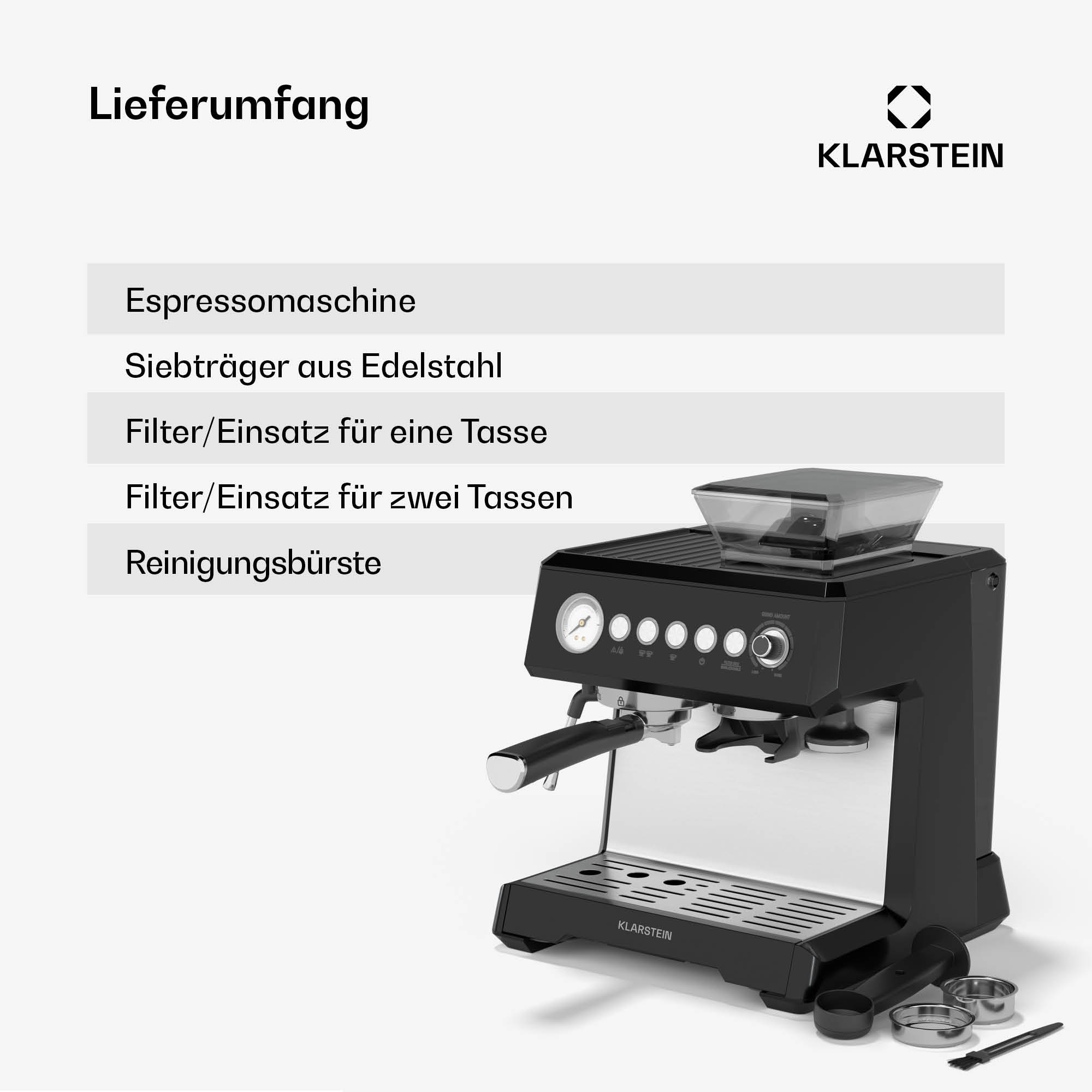 Schwarze Espressomaschine mit Zubehör, inkl. Siebträger, Filter und Bürste.