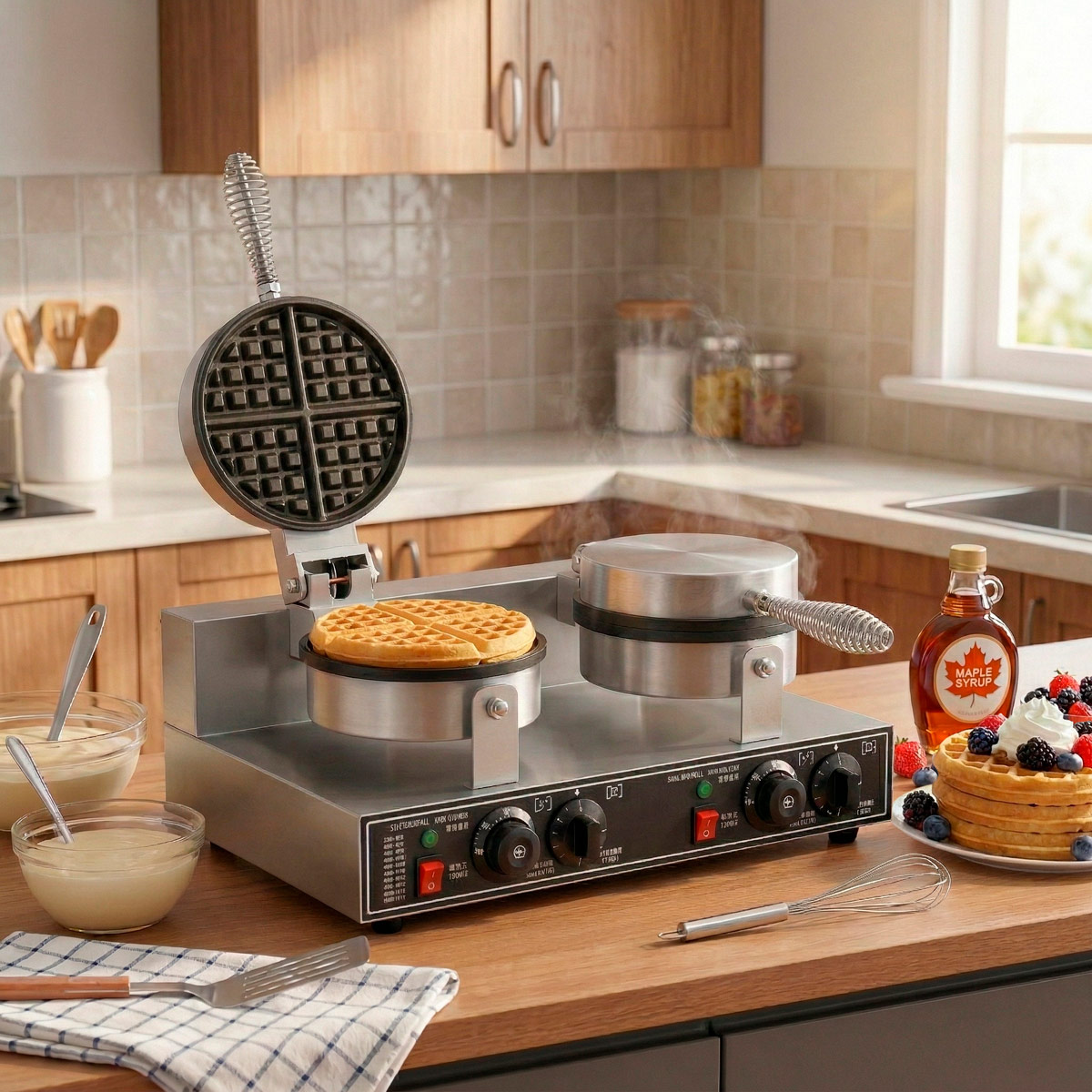 Ein doppelter Waffelautomat dampft beim Backen einer Waffel. Waffeln, Sirup und Beeren stehen auf der Theke.
