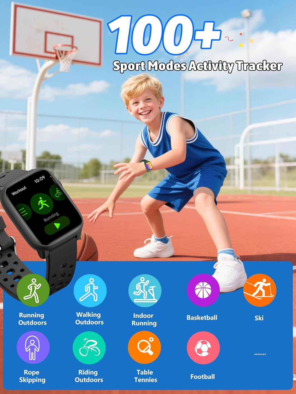 Ein Junge auf einem Basketballplatz mit einer Uhr, die Sportmodi anzeigt.
