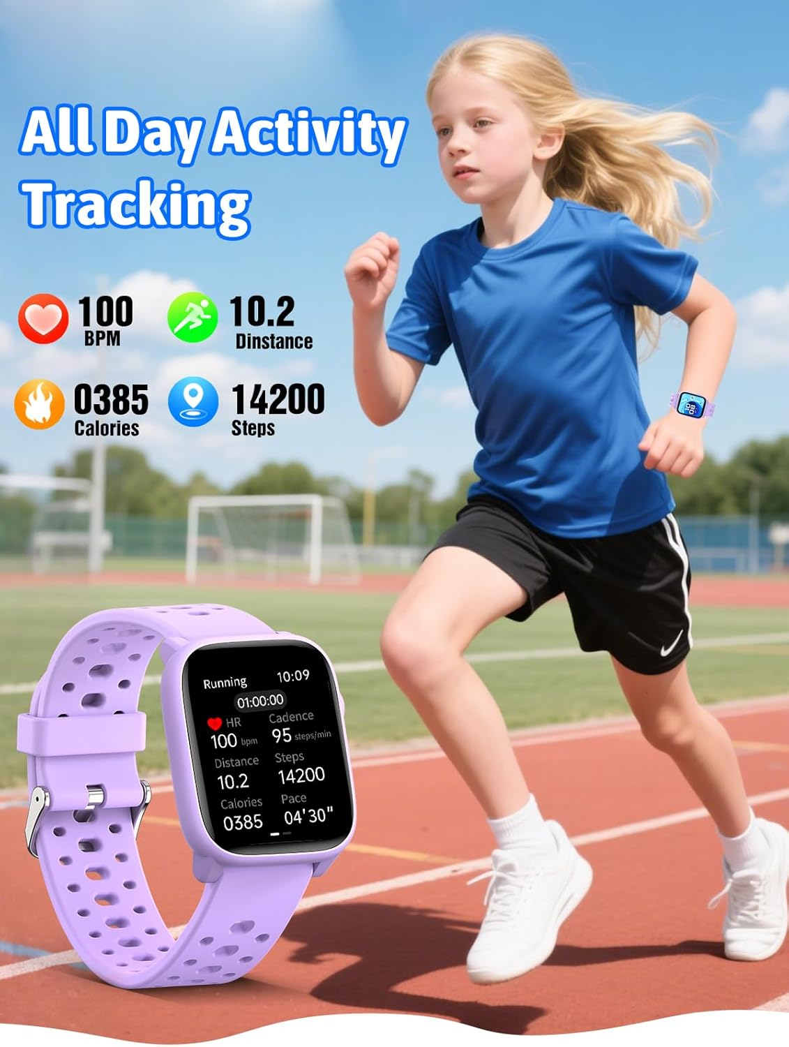 Mädchen rennt auf Laufbahn, lila Smartwatch zeigt Aktivitätsdaten wie Herzfrequenz und Schritte.