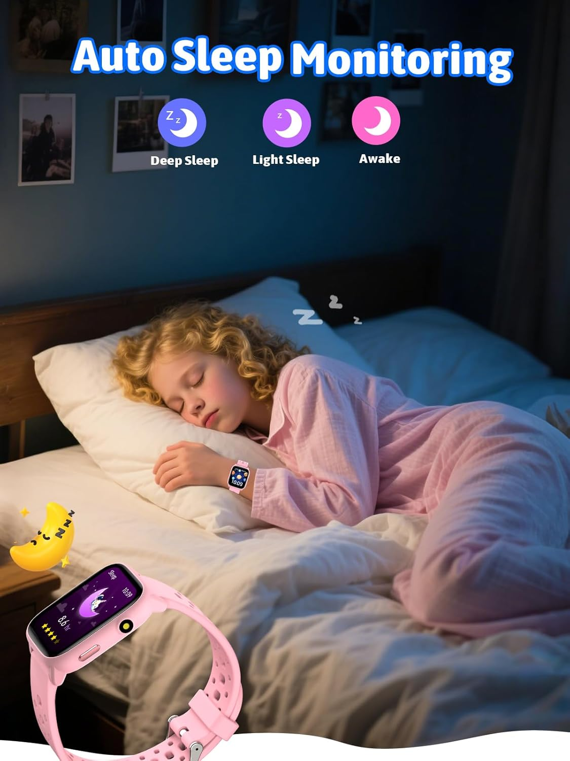 Mädchen schläft im Bett mit pinker Smartwatch, die Schlafphasen verfolgt: Tief, Leicht, Wach.