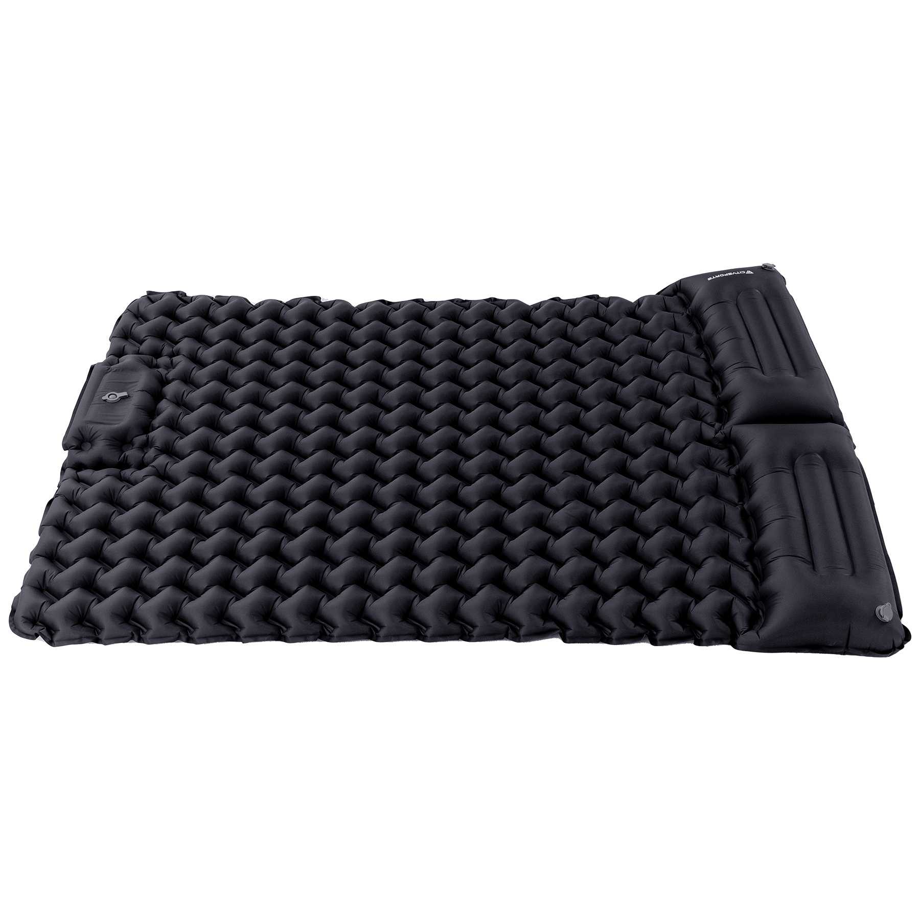 Colchoneta inflable negra con textura de gofre y almohadas integradas.