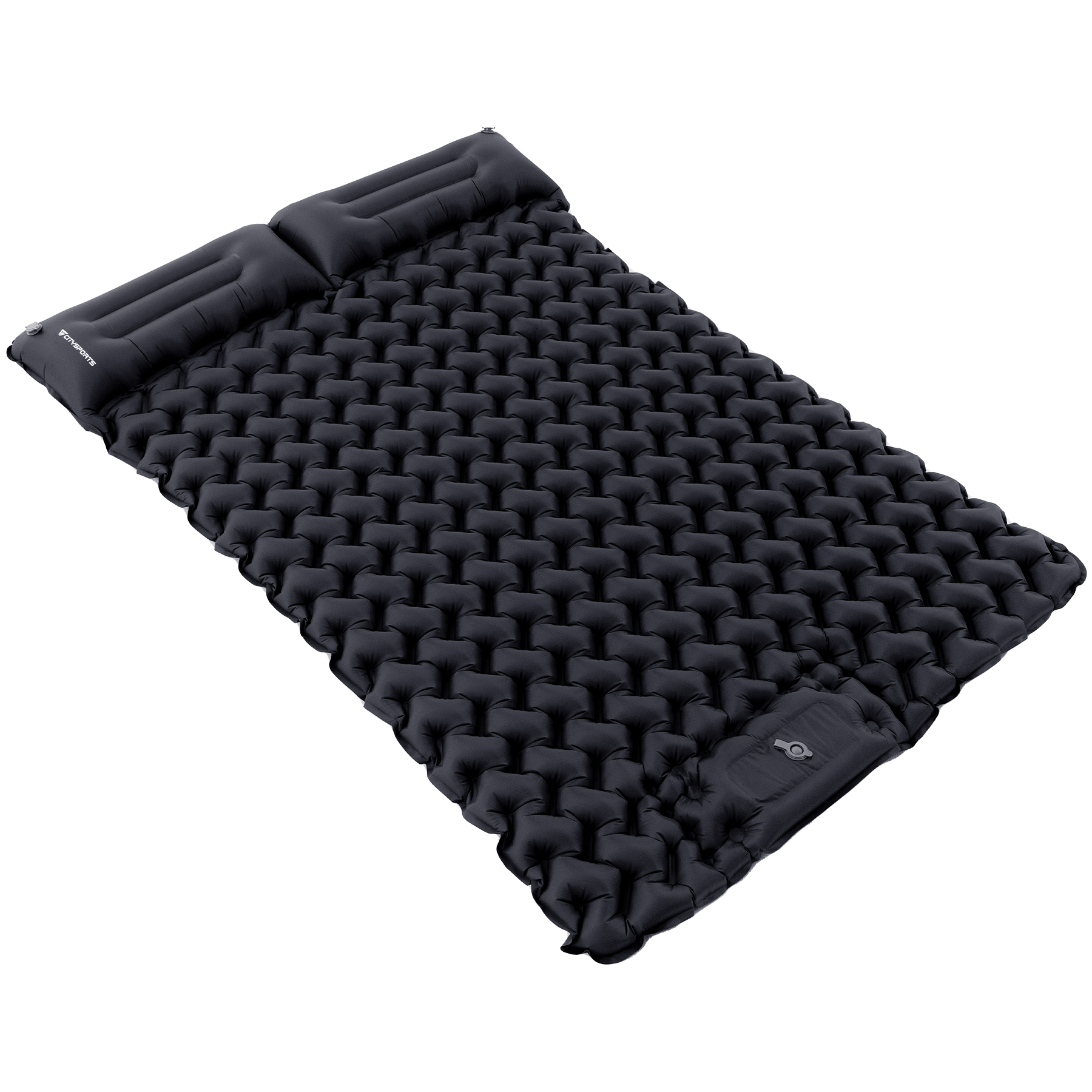 Esterilla negra inflable con patrón de panal y almohada integrada.