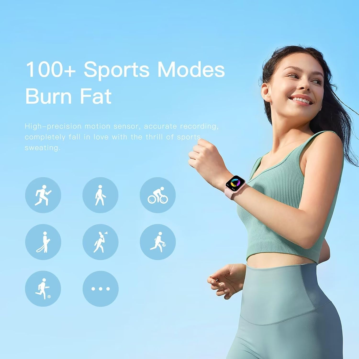 Frau in Sportkleidung mit Smartwatch, Sportmodus-Icons und Text.