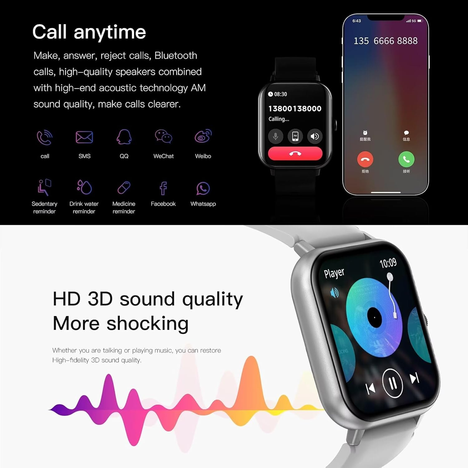 Smartwatch zeigt Anrufe und App-Icons. Telefonbildschirm zeigt eingehenden Anruf.