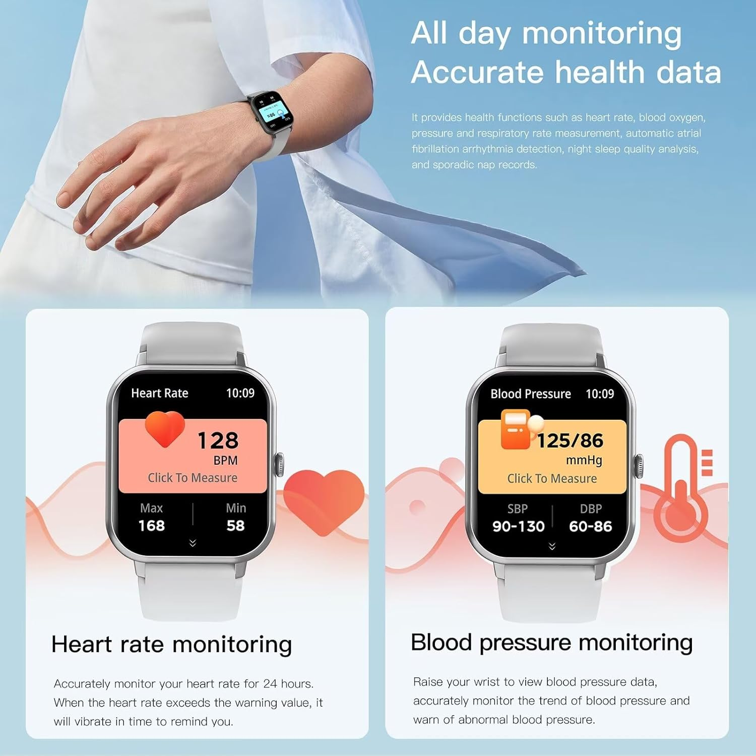Smartwatch mit Herzfrequenz- und Blutdruckanzeige, die alle Daten sammelt.