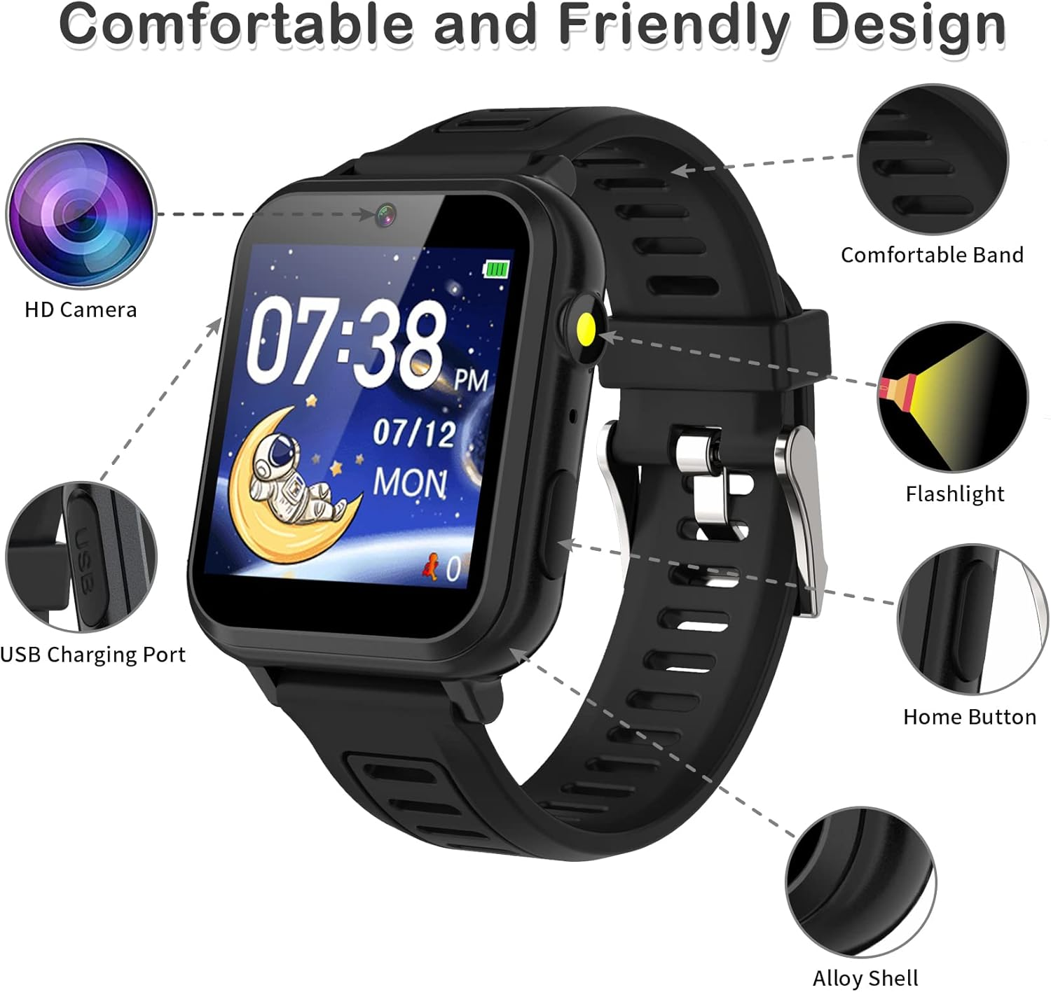 Schwarze Smartwatch mit Astronaut auf Mond-Zifferblatt, Kamera, USB-Anschluss, Band.